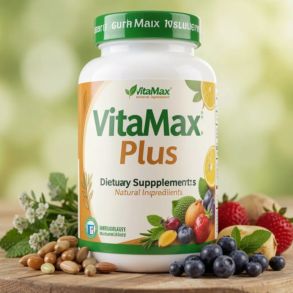 VitaMax Plus dietary supplement bottle with natural ingredients